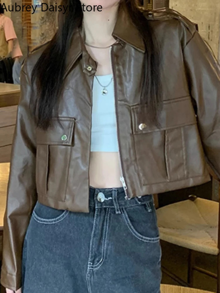 Brown pleated leather jacket womens streetwear motorcycle zipper leather jacket winter punk retro casual jacket 240827