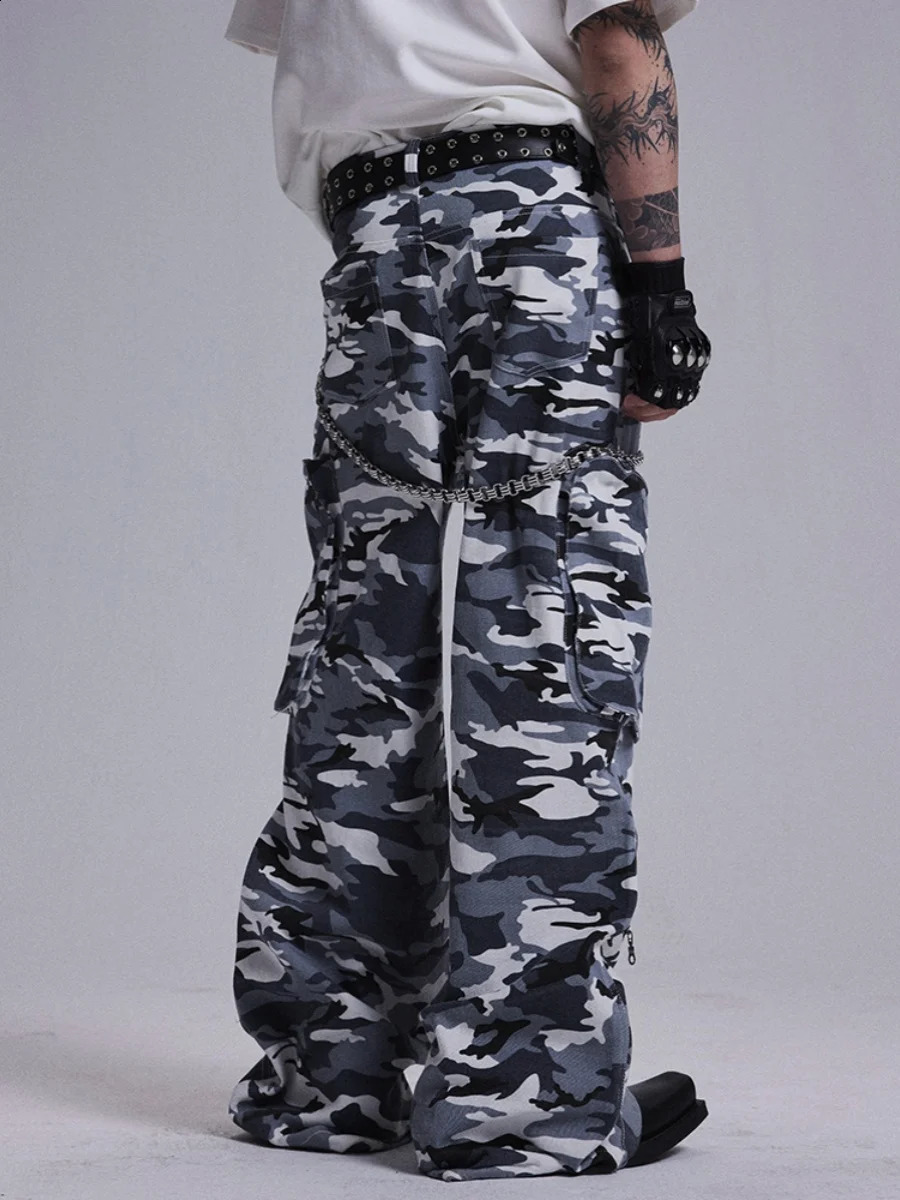 Camouflage zipper multi pocket casual pants summer retro workwear street mens Harajuku cargo 240827