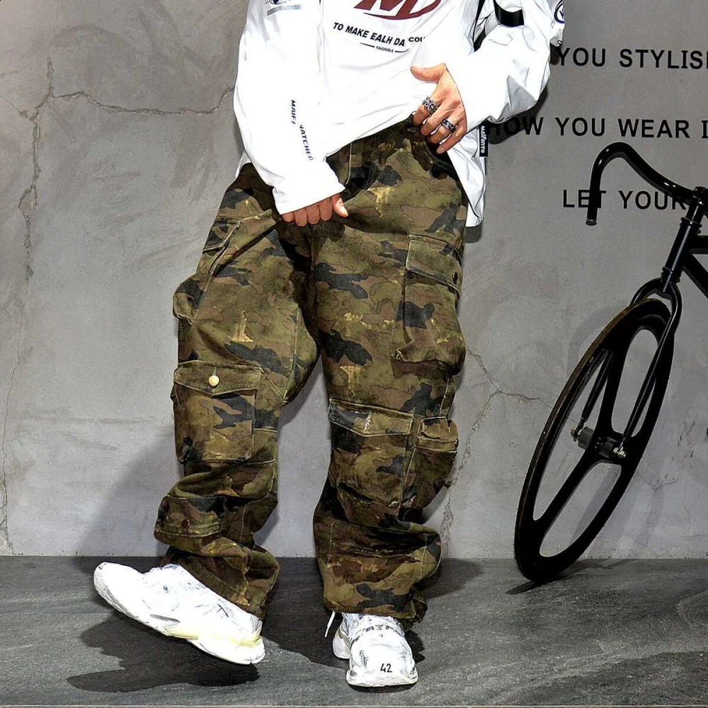 High quality retro multi pocket camouflage cargo pants mens clothing highend fabric tactical thick casual work w240827