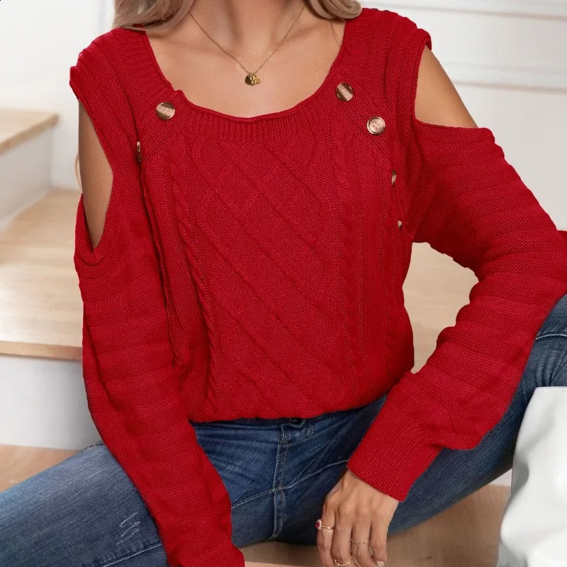Autumn and Winter Womens Pullover Round Neck Off Shoulder Button Screw Thread Long Sleeved Sweater Knit Underlay Elegant Tops 240828