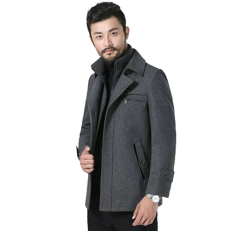Autumn and Winter Black Thick Casual Mens Medium to Long Double Collar Wool Coat 240827