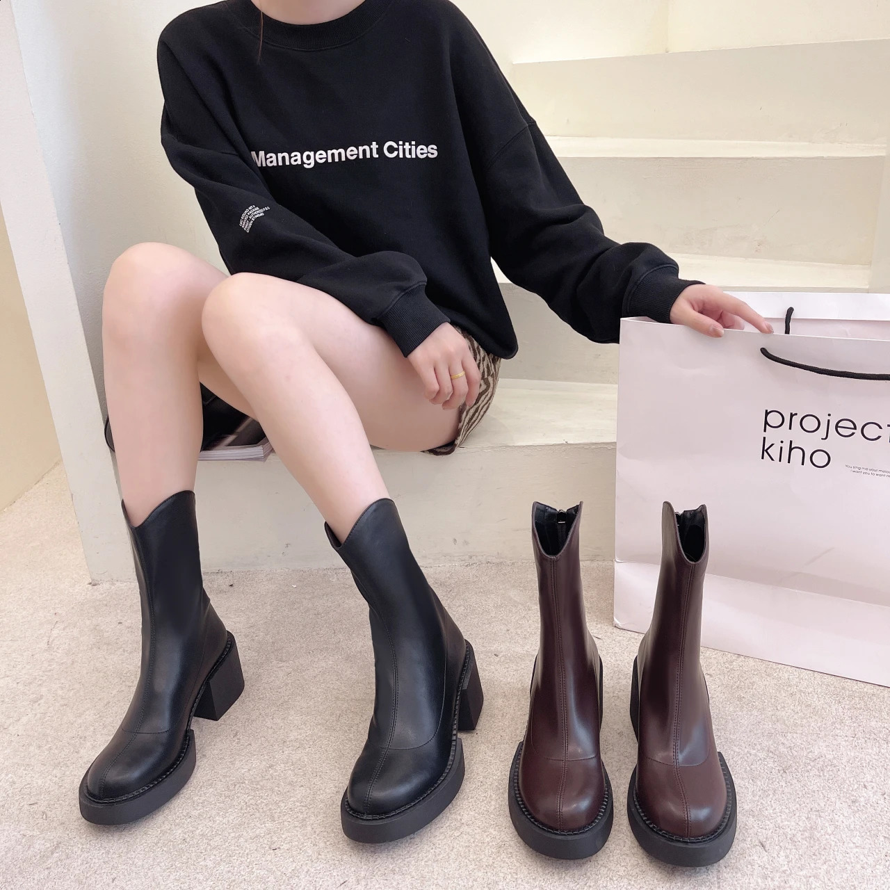 Ankle Boots for Women PU Leather Round Toe Behind Zipper High Heel Women Boot Fashion Concise Short Boots D103 240826 - view 3