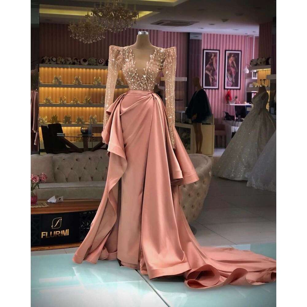 New Sparkg Elegant Gowns Long Sleeves Crystals V-Neck Women Formal Party Night Dresses Plus Size Custom