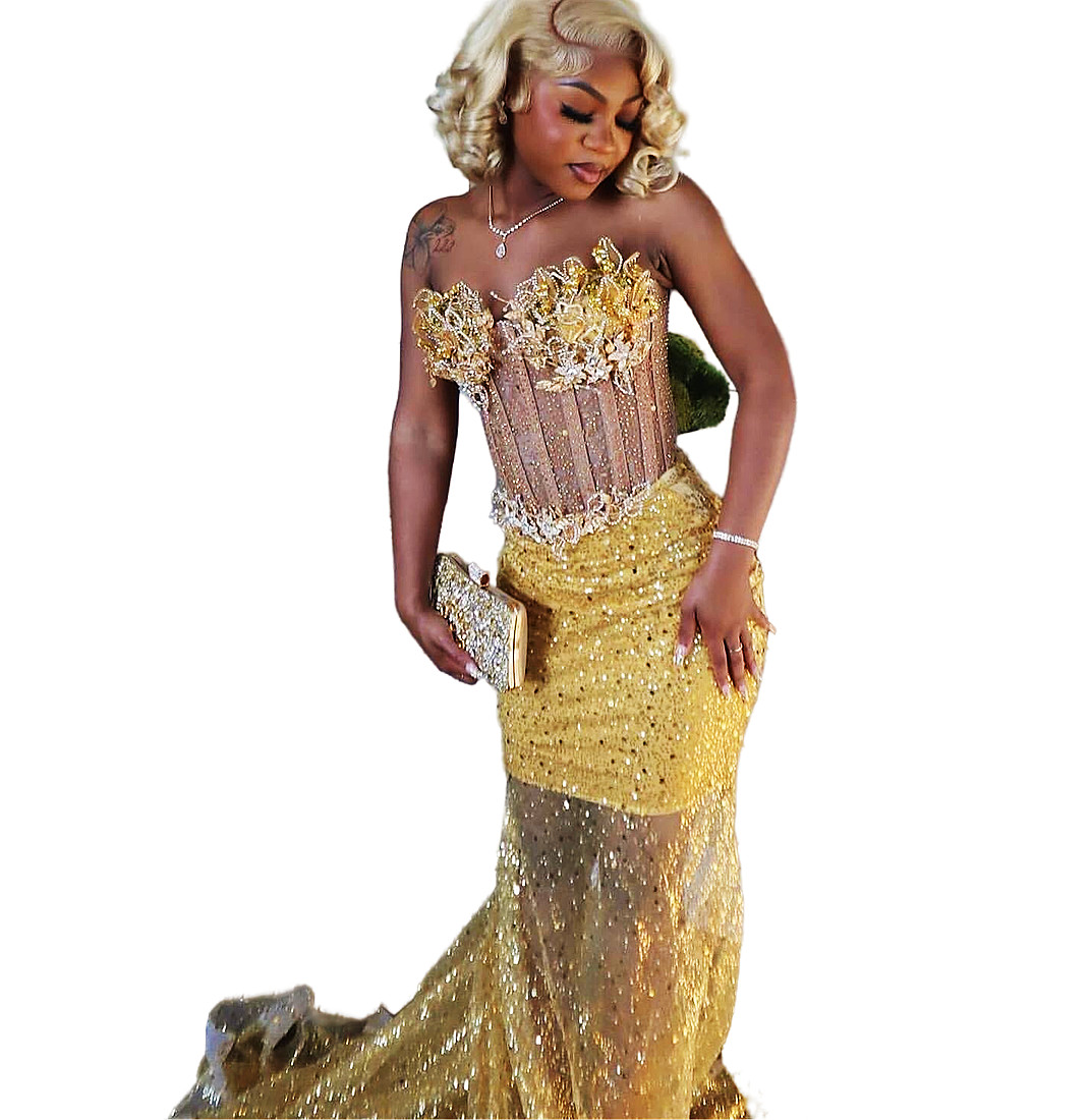 African Aso Ebi 2025 Gold Mermaid Prom Dress Sequined Dresses For Special Ocns rals Rhies Evening Formal Party Birthday Second Engagement Gowns