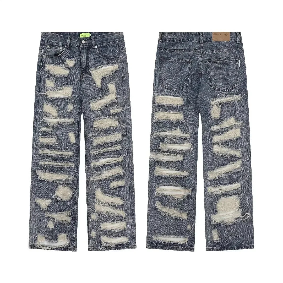 American style ripped old jeans loose 100 pants mens streetwear pocket Y2k torn 240827