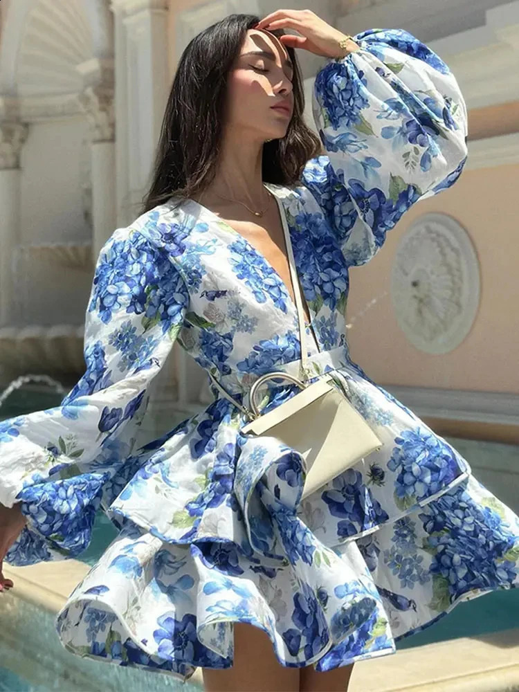 Womens Elegant Printed Vneck Ruffle Mini Dress Summer Sexy Long Puff Sleeve High Waist Vestidos Beach Vacation Robe 240828