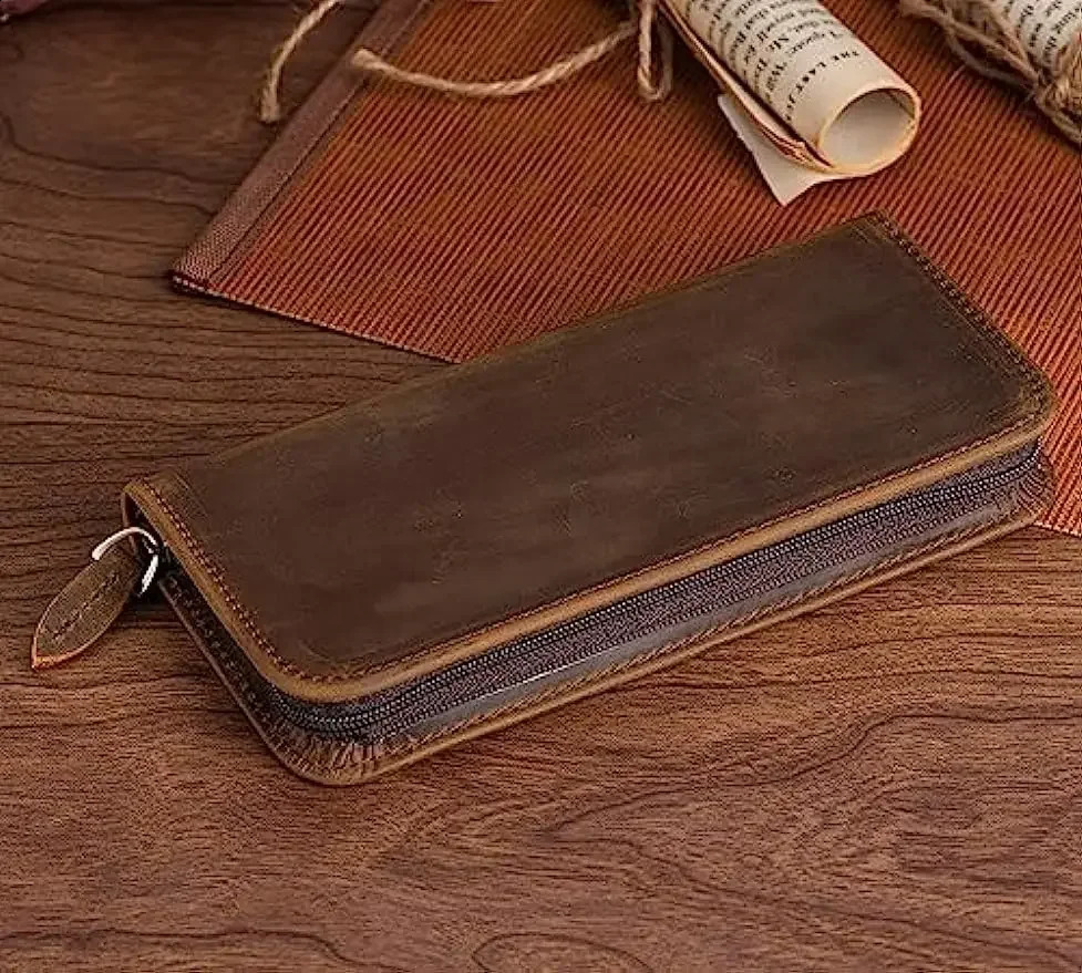 Asvine Vintage Real Leather Fountain Pen Case 3 Divided Slot Zippered Pen Pouch Rollerball Pen Handmade Display Stand 240827 - view 3