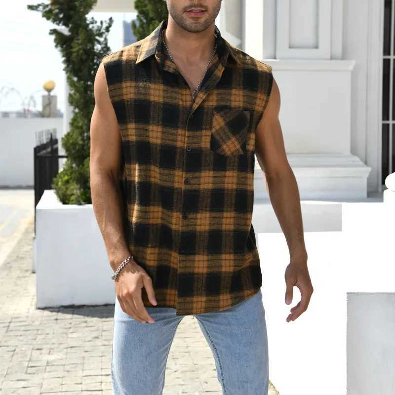 Mens summer fashion casual plain weave sleeveless T-shirt vest button sanding 2023 Korean mens vest top beach vestW240718