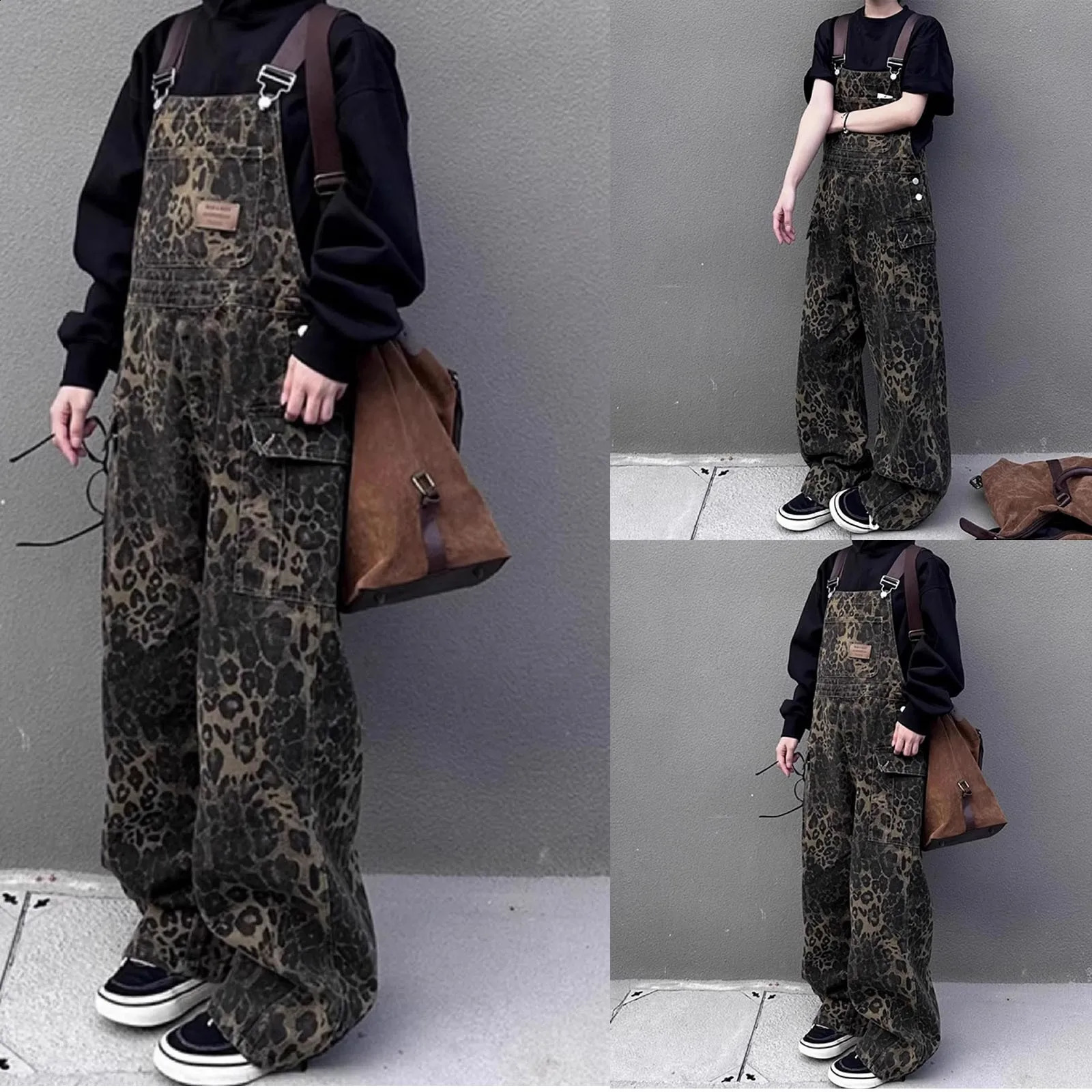 Womens retro leopard print jumpsuit spring clothing denim Harajuku Overalls Korean Streetwear High Waist Wide Jean Long Pants 240827