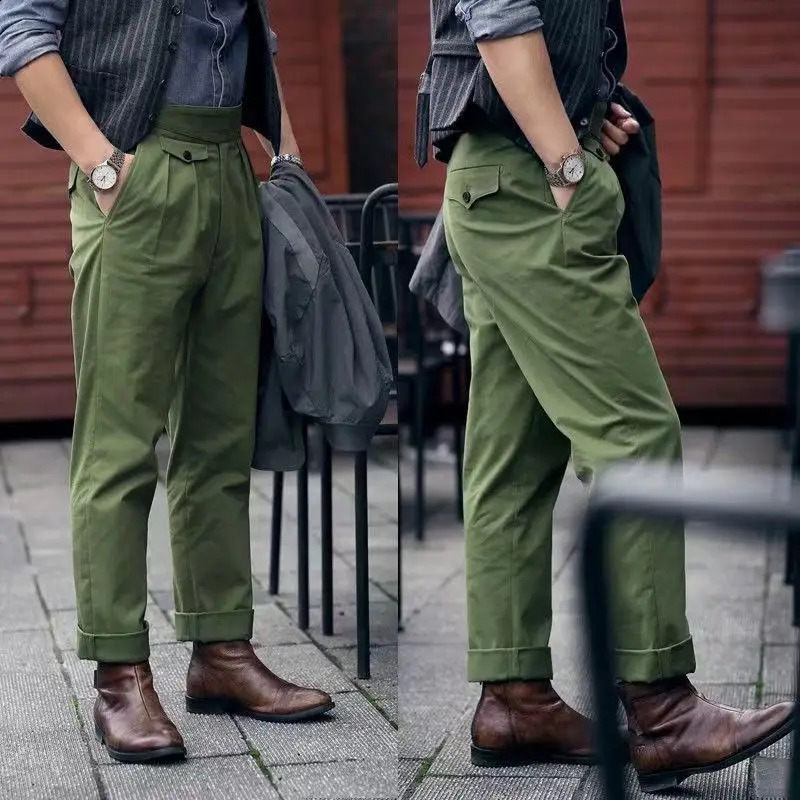 Oldyanup Mens Gurkha Pants Cotton Safari Style Adjustable Waist Buckle Naples Trouser Retro Casual Loose Ankle Pants 240828