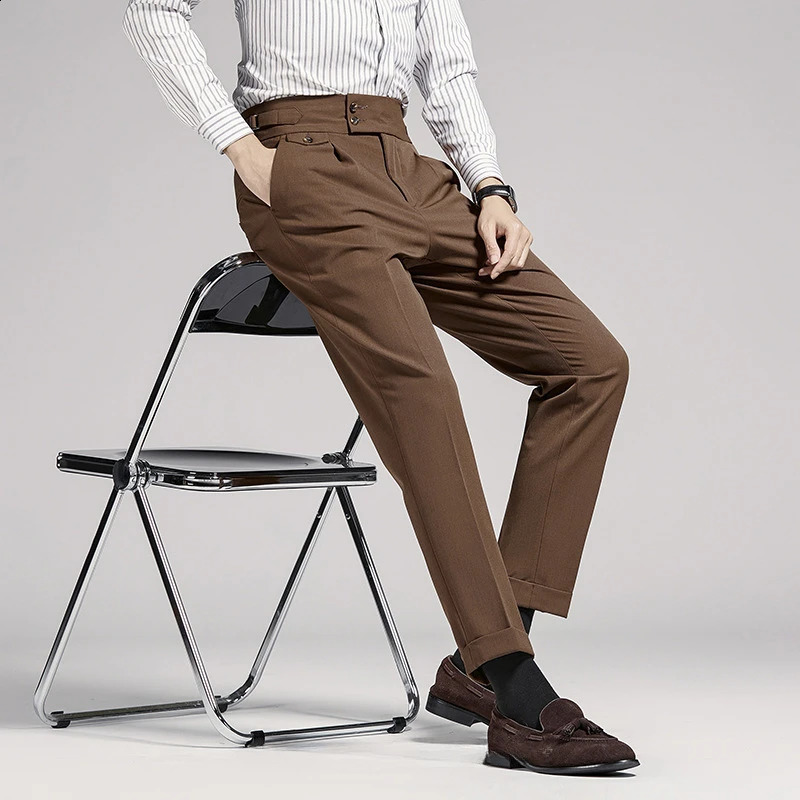 High end Neapolitan mens pants brown black British high waisted 9-point pants slim fit Trouser commercial formal social 240828