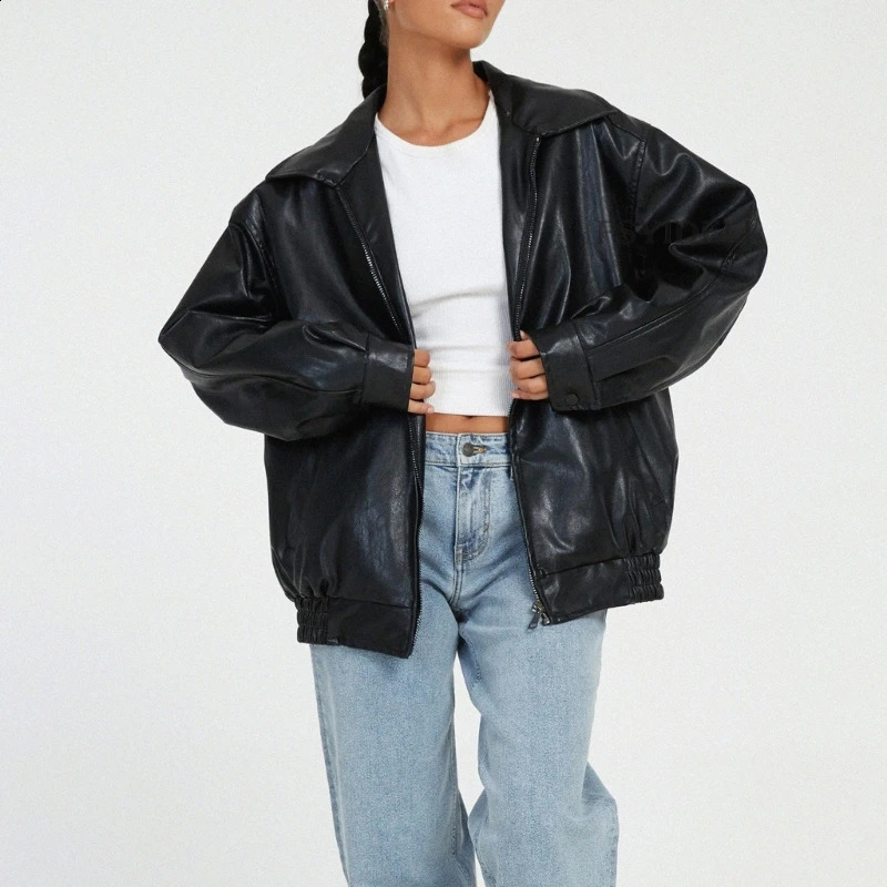 Womens PU leather oversized jacket long sleeved lapel zipper jacket 240827