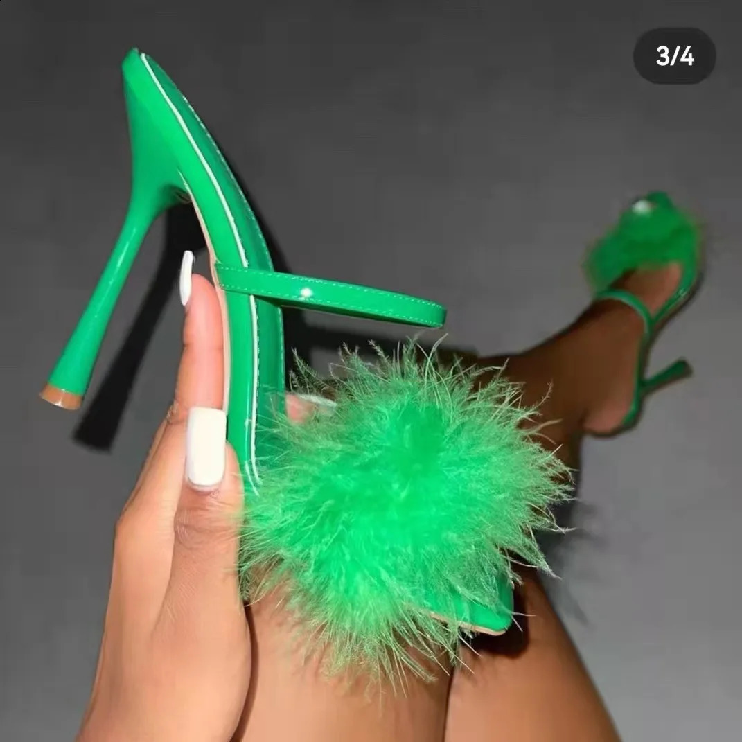 Womens Square Head Turkiye Feather Simple Slider Womens Large Size Sexy High Heels Sandals 240827