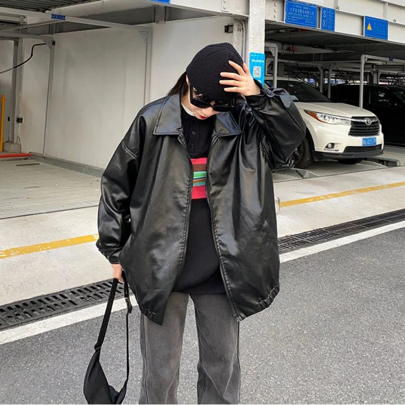 Womens BF style unisex PU fashionable bag fashionable jacket for couples autumn full matching solid retro casual minimalism Ulzzang 240827