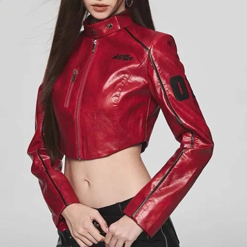 American retro cool letter patch motorcycle short PU leather jacket with small stand collar ultra-thin autumn top for women 240827