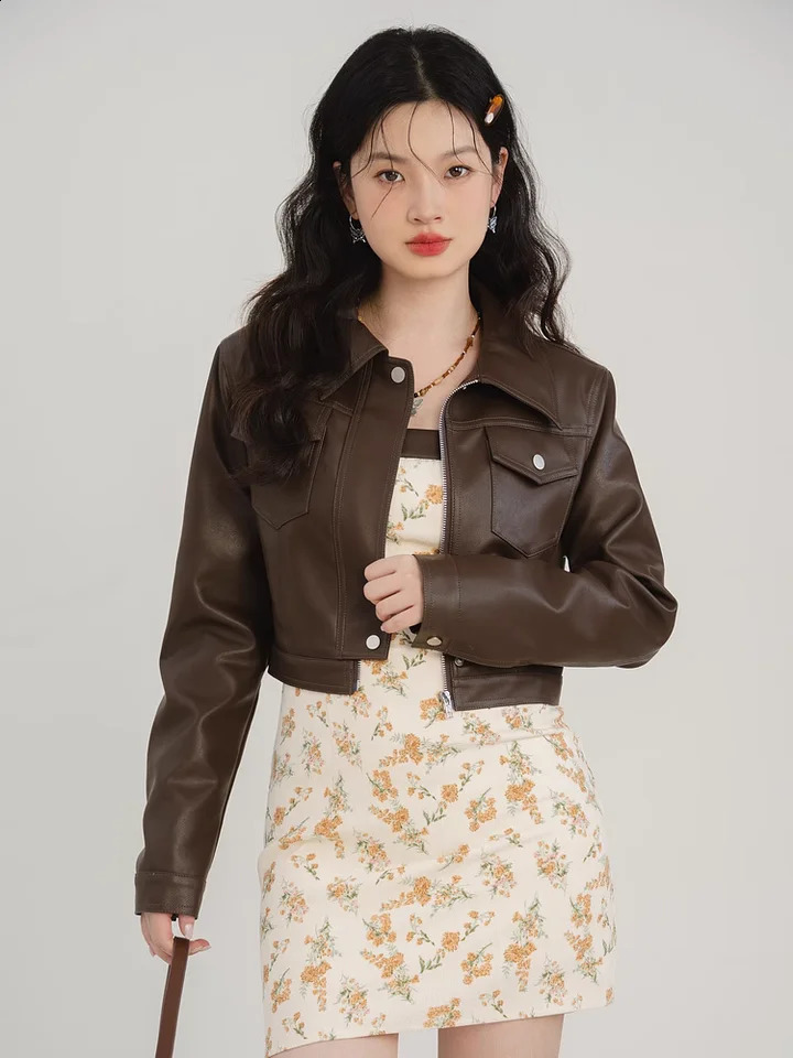 American retro sweet and style coffee colored womens leather jacket autumn n feeling short motorcycle jacket top 240827
