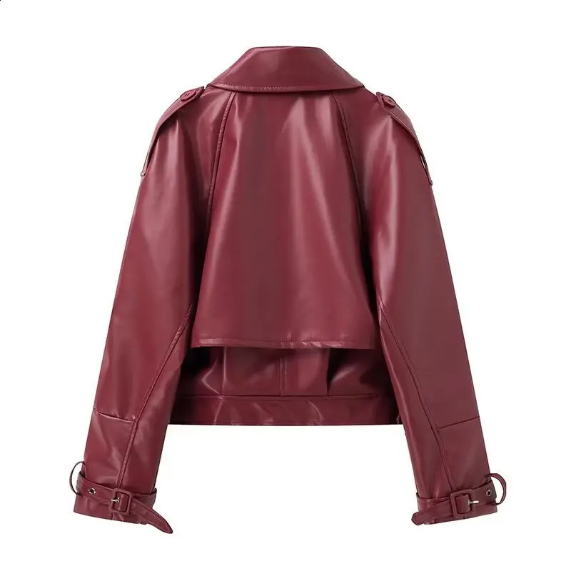 Suninhaart Winter Autumn Retro Artificial Leather Jacket Fashion Short Belt Bomber Jacket Womens Wine Street Jacket 240827