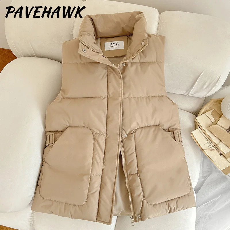 Womens sleeveless down vest autumn thick warm sleeveless jacket solid loose casual pocket zipper vest womens top 240828