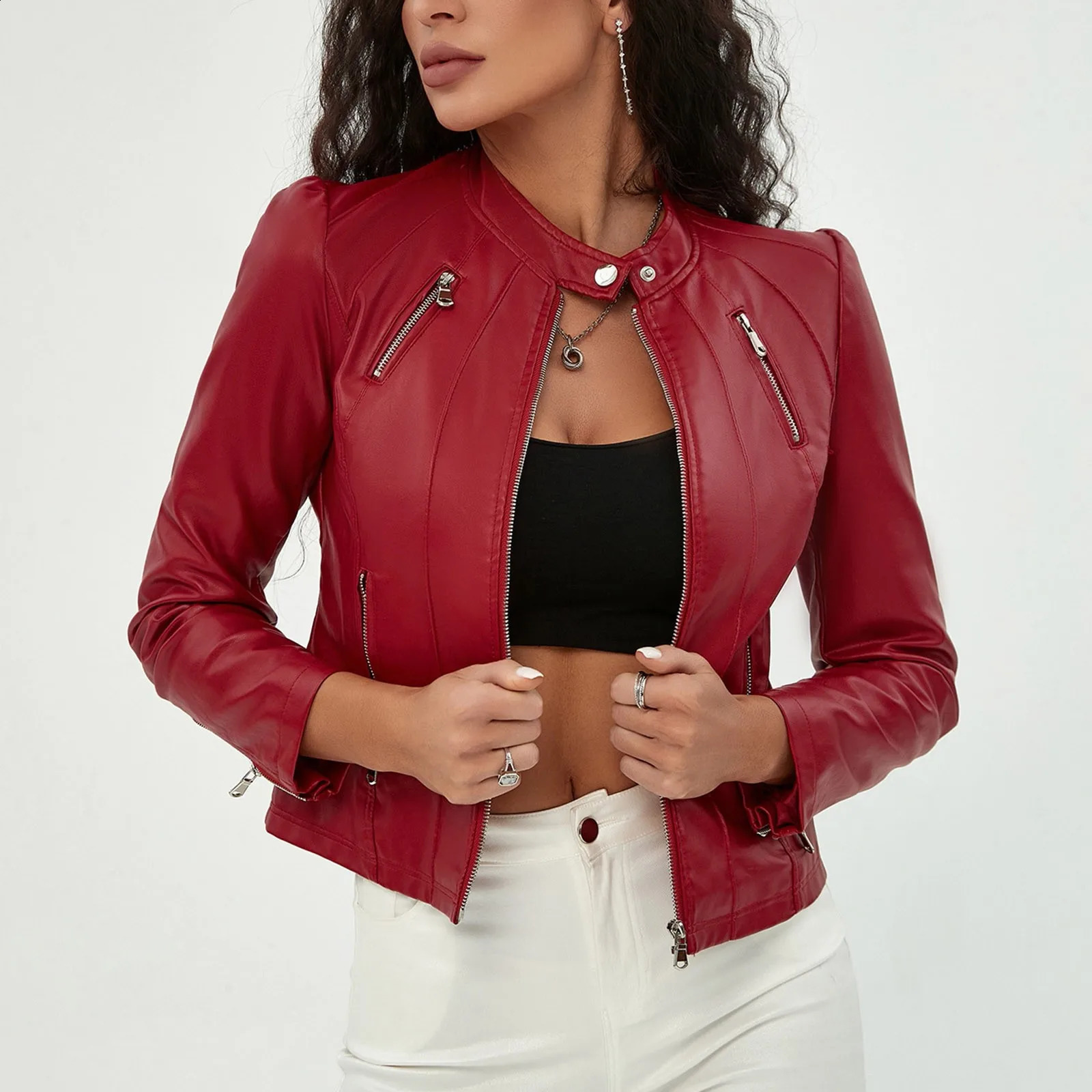 Leather jacket womens autumn spring red black bicycle jacket womens bomber jacket womens short ultra-thin PU leather jacket 240827