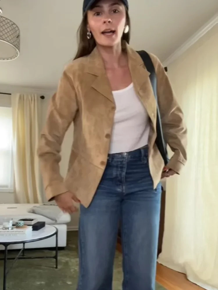 Flip collar single chest crop jacket for women fashionable suede leather long sleeved ultra-thin jacket autumn womens business street jacket 240827