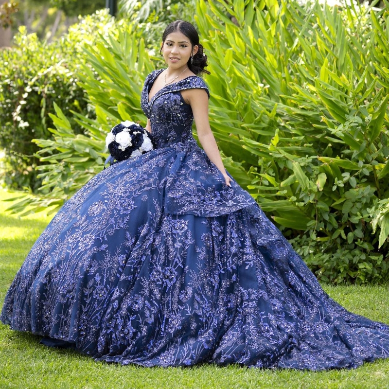 Navy Blue Shiny Princess Quinceanera Sequin Appliques Lace Beads Tull Ball Gown Bridal Dresses Vestidos 15 De Novia Sweet 16 Dress