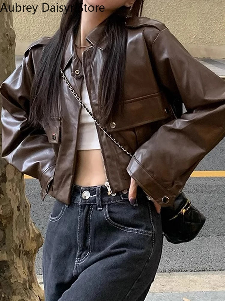 Brown pleated leather jacket womens streetwear motorcycle zipper leather jacket winter punk retro casual jacket 240827