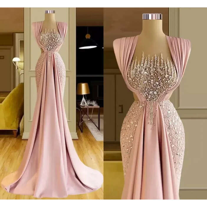 Stunning Pink Prom Dresses Sequined Sleeveless Evening Dress Uffles Or Length Women Formal Party Gown Custom Made Bc14402
