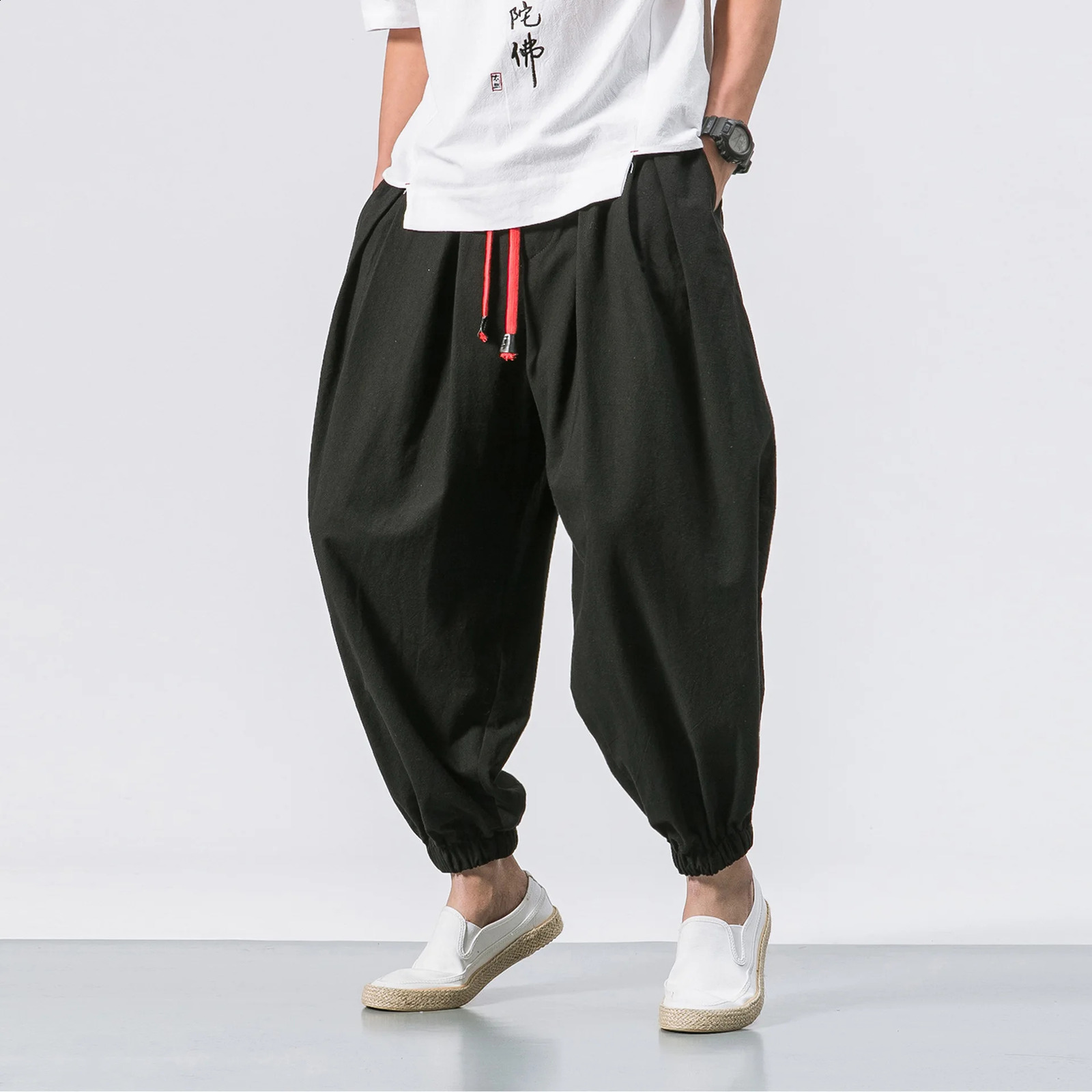 Chinese style linen mens casual pants ninth pair pants loose and wide legs oversized streetwear 240828