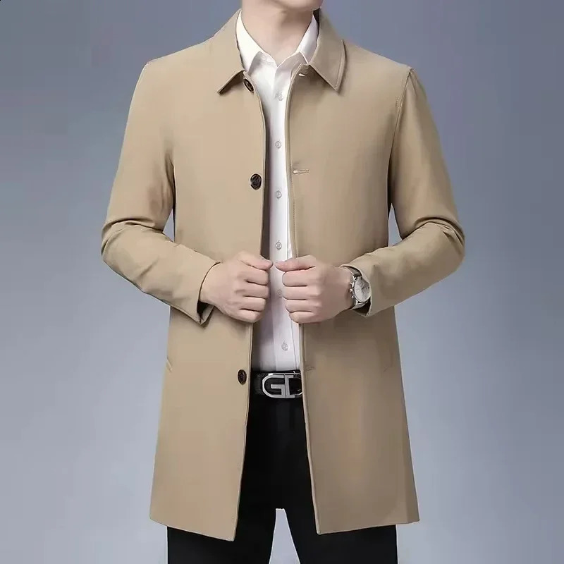Brown Business Casual Trench Jacket Mens Collar Solid Color Long Fashion Windproof Clothing 240827