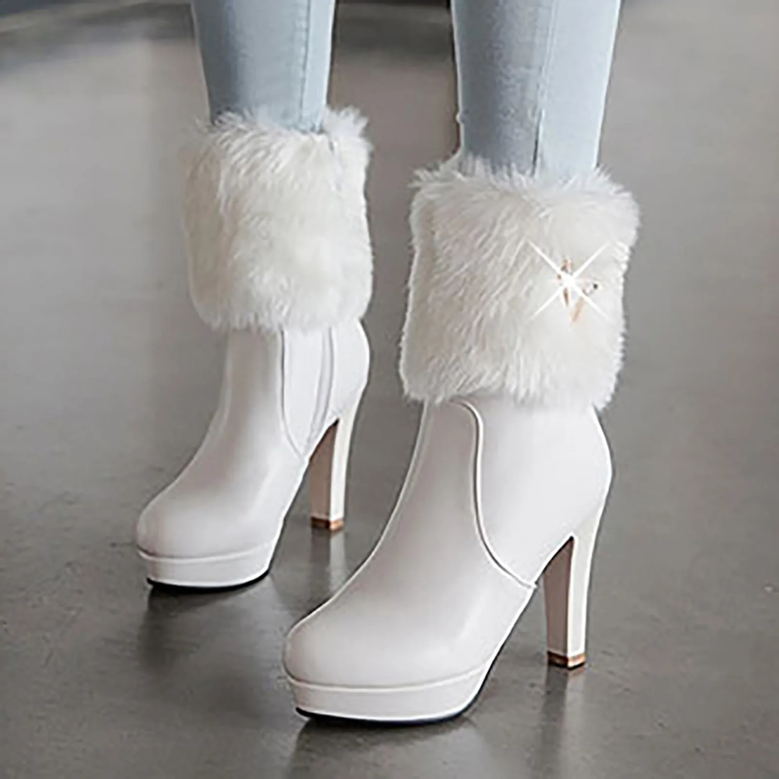 High Heels Fluffy Neck Boots for Womens Winter Rhinestone Foot Boots with Side Zipper Thin Boots Elegant Womens High Heels Shoes 240827