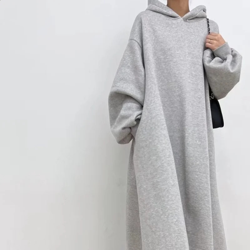 Womens split hoodie gray dress simple laser style brushed hood long arm length autumn and winter 240827