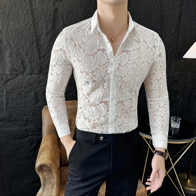Mens Mesh See Through Flower Lace Sheer Shirt Long Sleeve Sexy Clubwear Dress Shirts Party Event Prom Transparent Chemise Homme 240827
