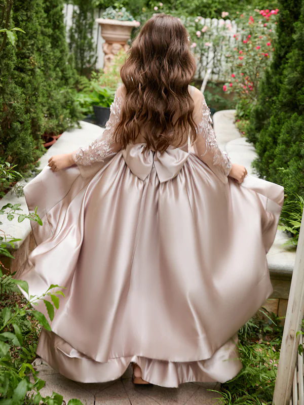 Champagne Wedding Flower Girl Dresses Long Sleeves Ball Gown Kids Birthday Party Gowns High Low Long Sleeves Formal Kid Dress