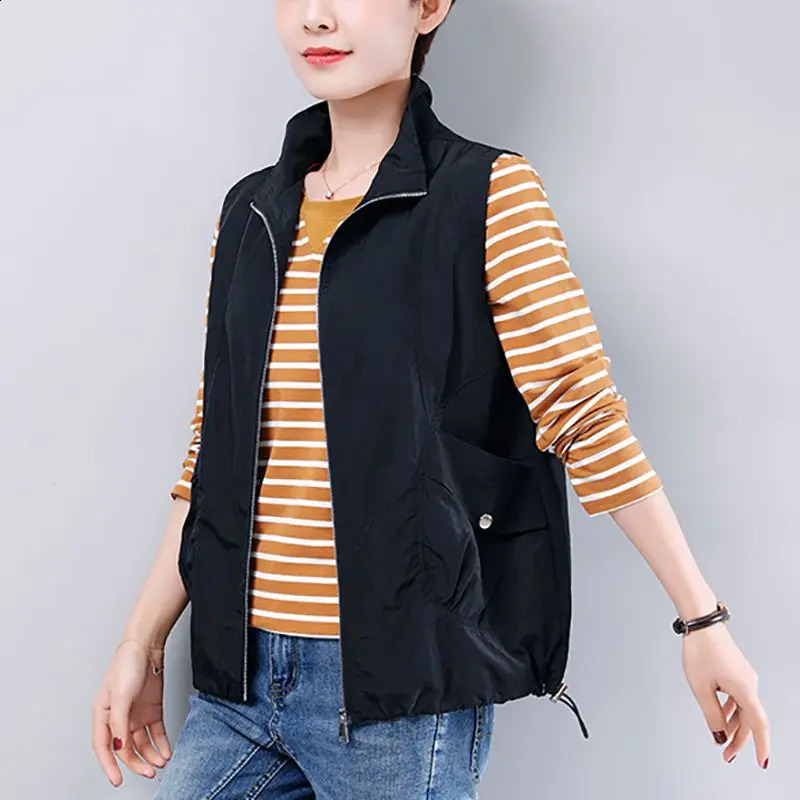 Spring/Summer Sleeveless Zipper Office Tank Top Solid Loose Pocket Casual Top T-shirt Retro Fashion Womens Wear 240828