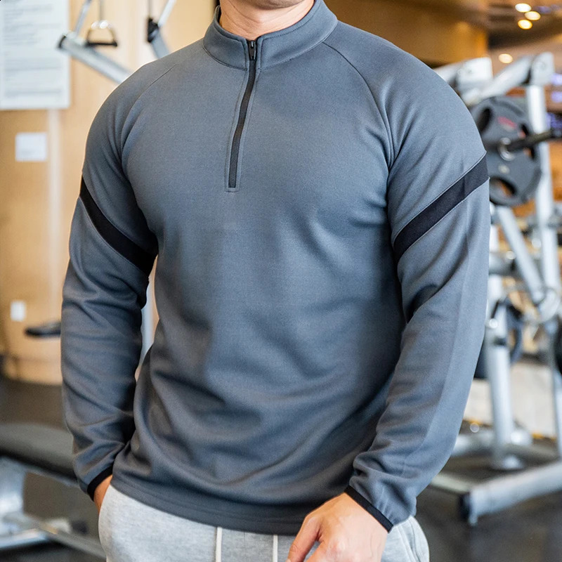 Gym mens Tshirt long sleeved ultrathin dry fit sports fitness winter comfortable breathable training half zip collar sportswear 240827