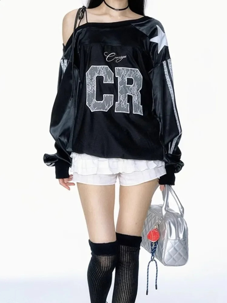 Deeptown Streetwear Y2k Graphic Sweatshirts Women Aesthetic Off Shoulder Lace Hoodies American Vintage Oversize Long Sleeve Tops 240827