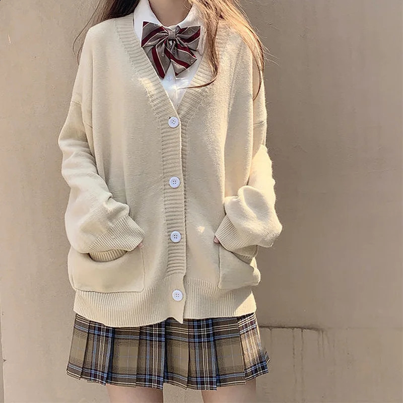 Japanese School Basic Sweater Autumn Kawaii Solid Vneck Loose Knitted Cardigan Preppy Style Uniform Cosplay 240819