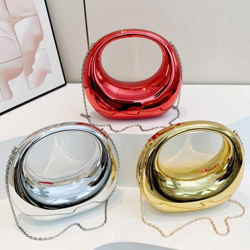 Women Gold Acrylic Crescent Half Moon Bags Personality Handbag Suitcase Makeup Dinner Clutch Round Handle PVC Wrist Bag