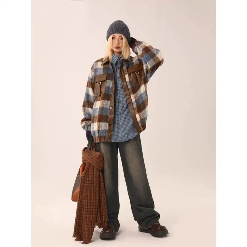 Spring/Summer American Checkered Wool Splicing Leather Jacket Womens Maillard Atmospheric Loose Jacket WS 240827