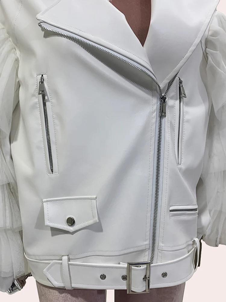 Sapphire Spring Autumn Short White Lace Patch Work Pu Leather Motorcycle Jacket Womens Zipper Strap European Fashion Clothing 240827