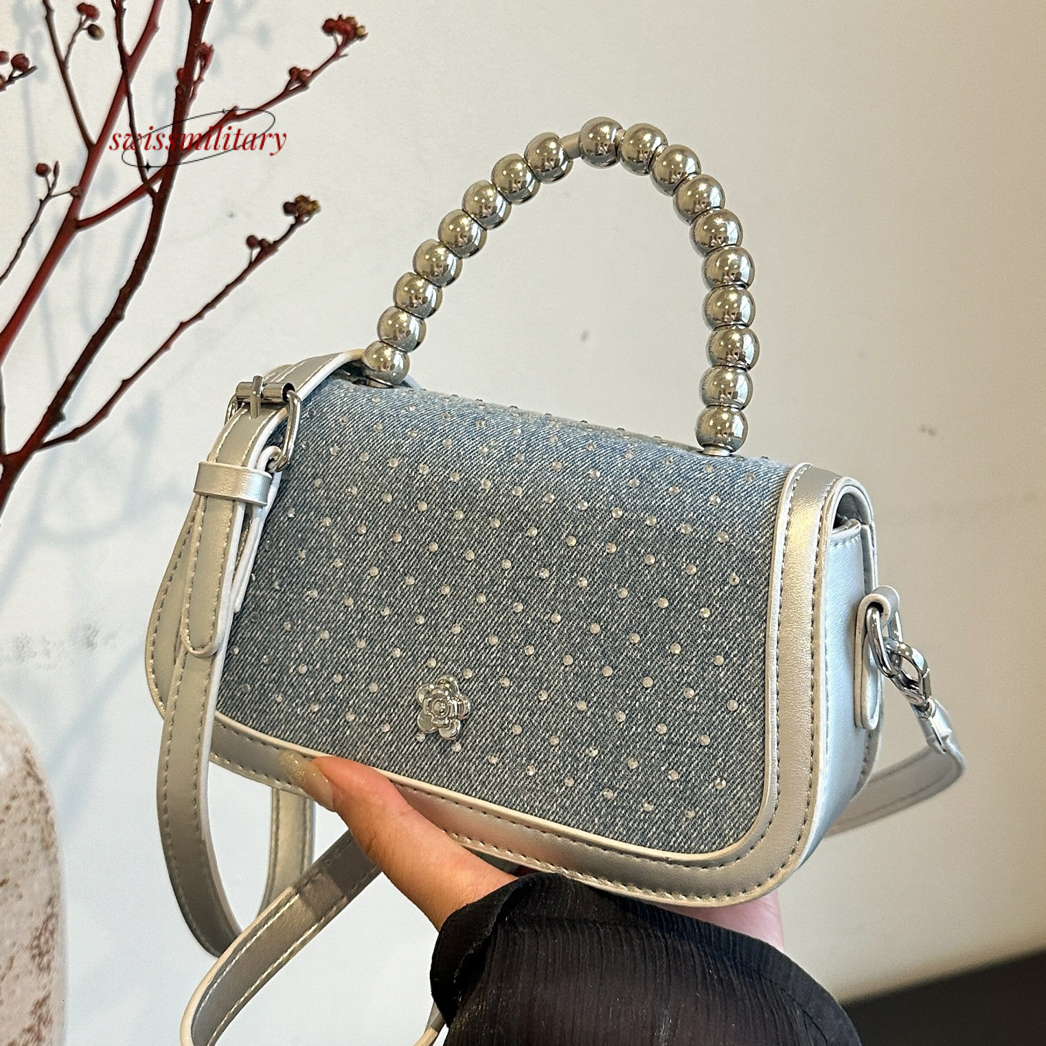 Swissmilitary High end denim rhinestone for women, 2024 summer new trendy single shoulder diagonal cross bag, bead hand-held small square bag