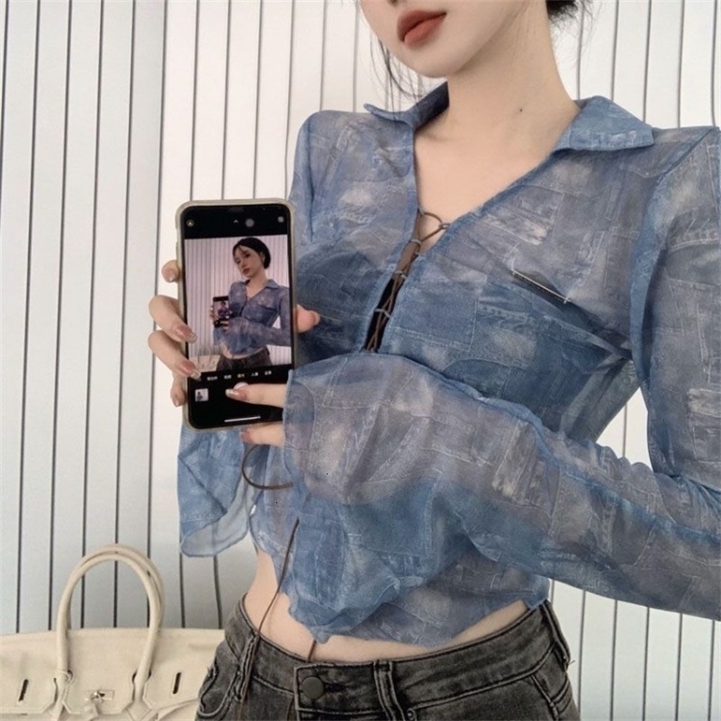 summer slim lace cardigan American retro blue lapel collar top womens Y2k Grunge long sleeved Blusas Mujer 240827