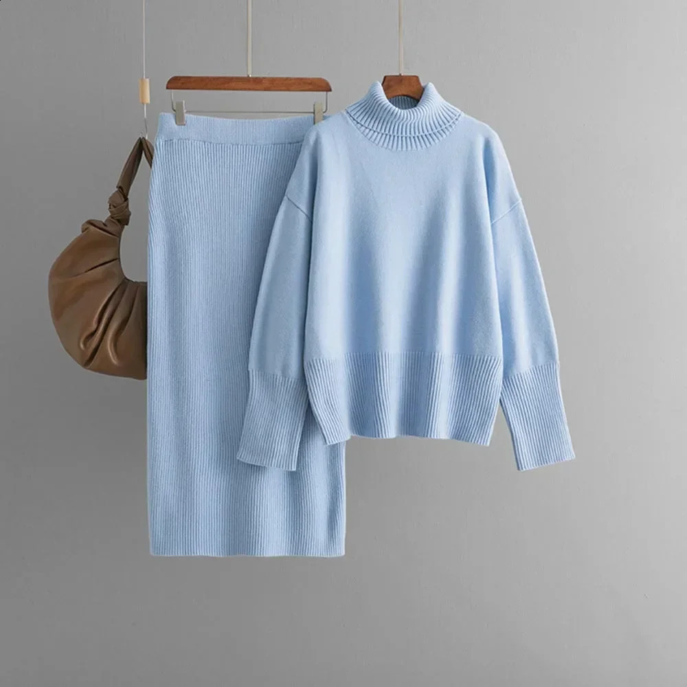 Circyy Knitted Skiing Set Womens Two Piece Turtle Neck Pulling Flower Long Sleeve Sweater Autumn Black Jumper 240827