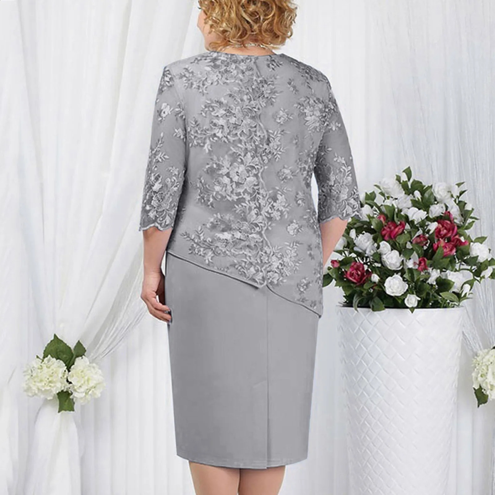 Plus Size Midi Dress 5XL Elegant O-neck High-Waist Embroidery Lace 34 Sleeve Lady Evening Dress Female Clothing Robe 240828