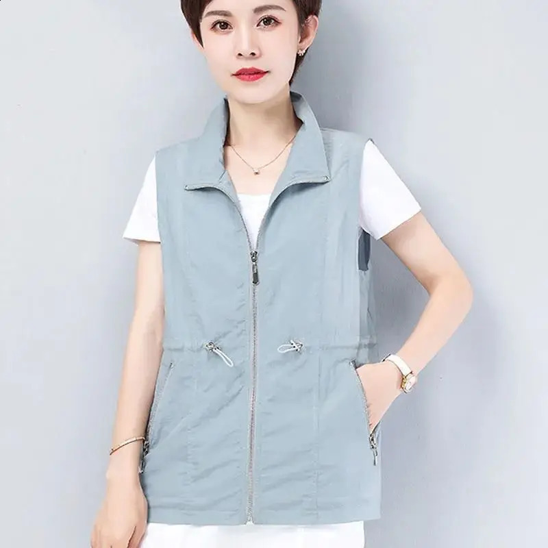 Spring/Summer Sleeveless Zipper Office Tank Top Solid Loose Pocket Casual Top T-shirt Retro Fashion Womens Wear 240828