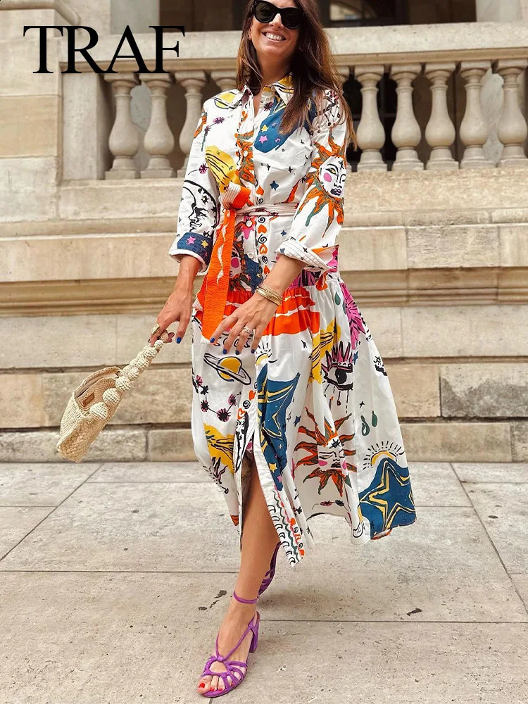 TRAF Womens Summer Bohemian Long Dress Printed Lace Top Single Chest Sleeve Loose Beach Vacation 240828