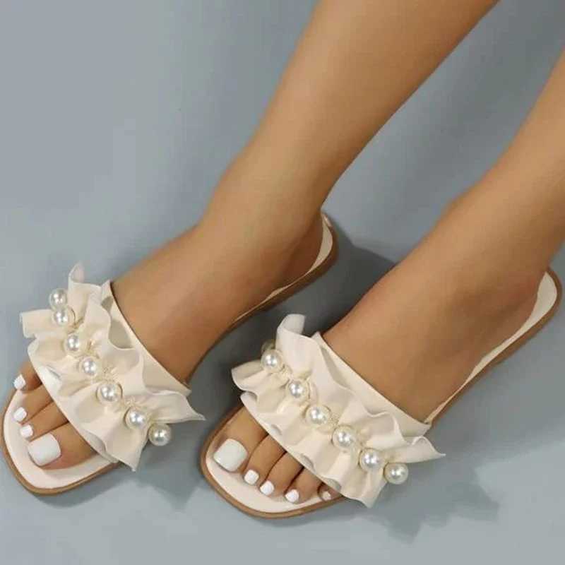 Women Slides Faux Pearl Decor Ruffle Trim Sandals Open Toe Wear-resistant Flat Slippers Summer Beach Sandals Women Shoes W250704