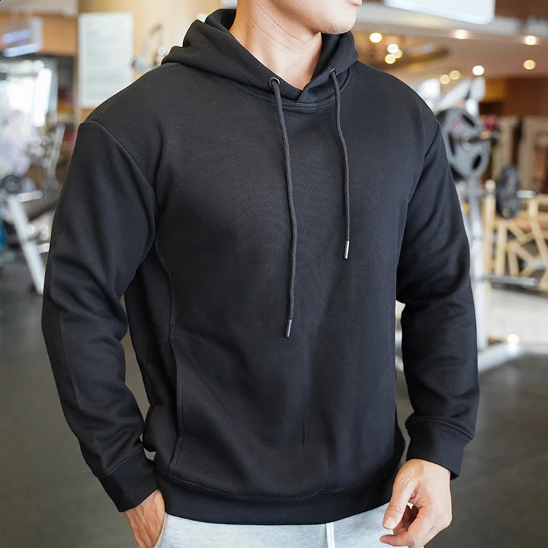 Hooded Running Gym Mens Tshirt Long Sleeve Loose Sweatshirt Fitness Winter Thick Cotton Comfortable Breathable with Hoodie 240827