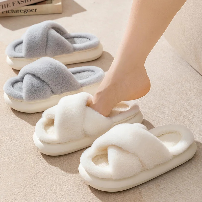 Womens Slippers Autumn/Winter Fur Slippers Indoor Slippers Soft Bottom Solid Color Home Cotton Slippers 240827