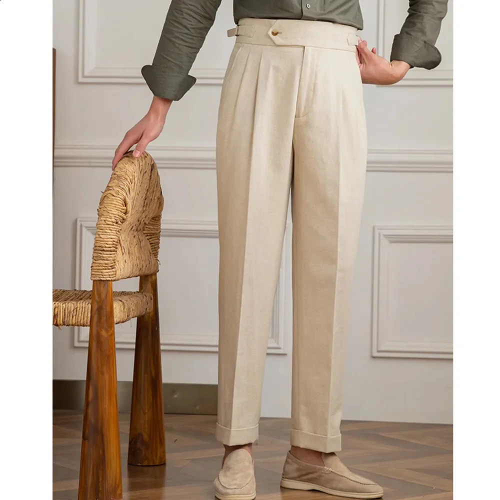 Linen cotton high waisted straight casual pants mens retro Naples gentleman pleated high-quality Italian dress Trouser 240828